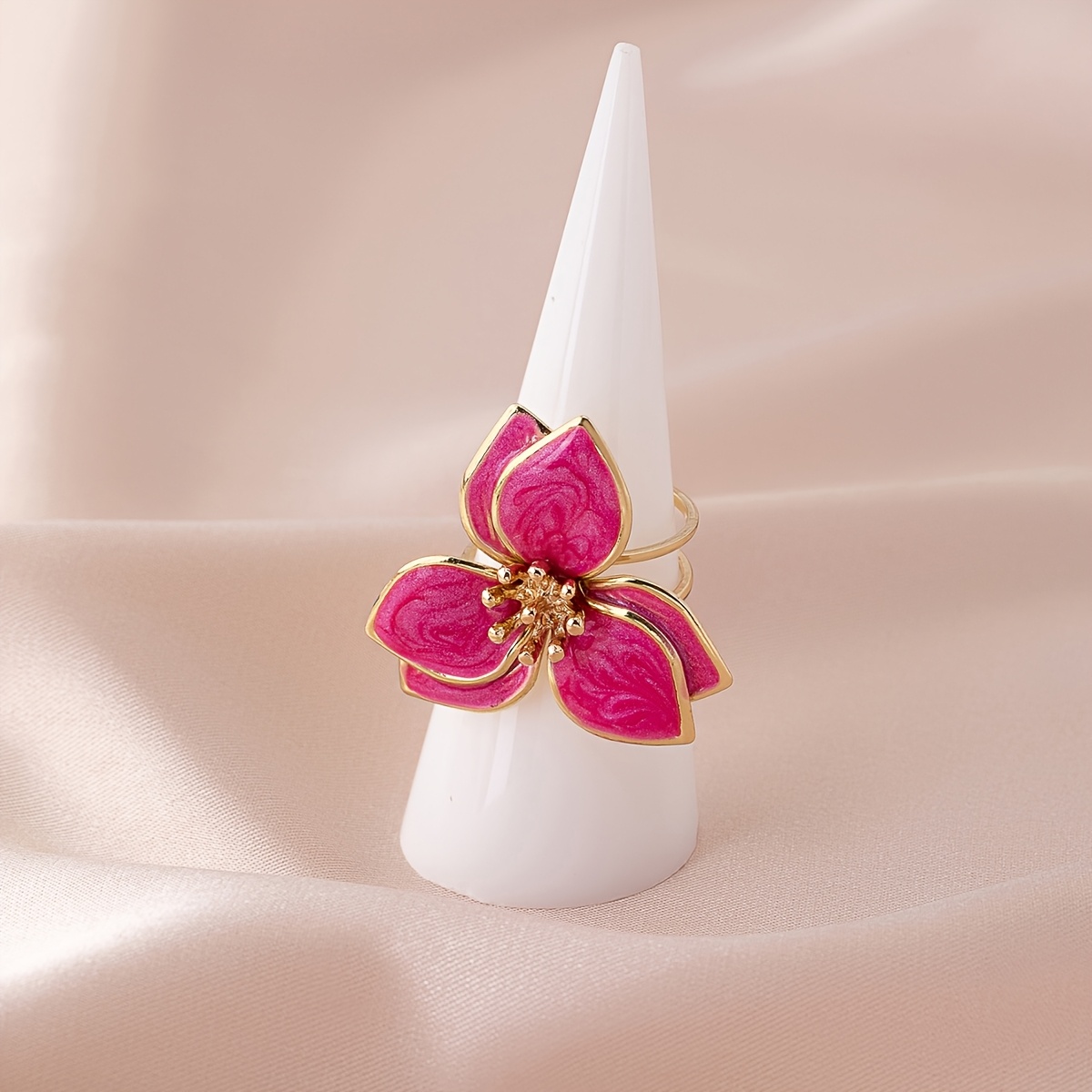 Enamel Flower Ring Green Marble Golden Tone Metal Open Ring